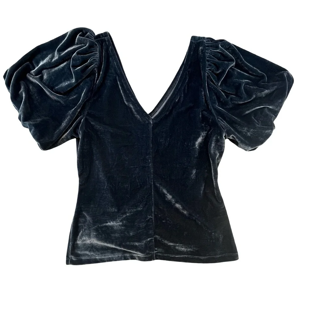 Free People Women Velvet Top Teal Ruched Flutter Sleeve Boho Romantic Large